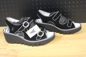 FLY London Suede Adjustable Strap Wedges -Bara - Black - EU 39 (8-8.5)-A477066 - Picture 1 of 5