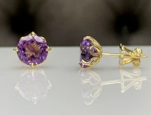 Lab Created Amethyst 2Ct Round Cut Women's Stud Earrings 14K Yellow Gold Plated - Picture 1 of 7