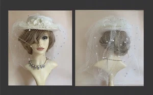 Off White Lace Fabric Wedding Hat Front & Rear Full Spotted Net Veil Fully Lined - Picture 1 of 12