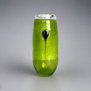11-3/4" Tall Vase Chartreuse Green Hand Blown Bubble Glass w/Black Accents - Foto 1 di 10