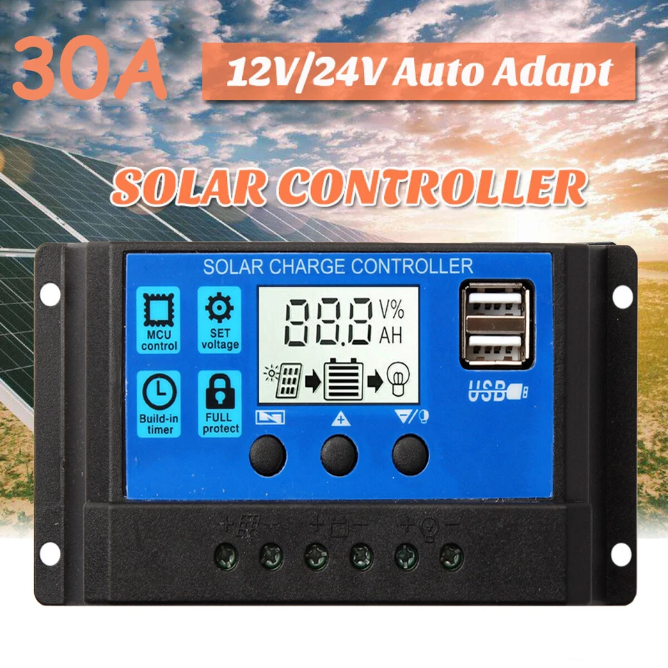 PWM 30a Dual USB Solar Panel Battery Regulator Charge Controller 12v 24v