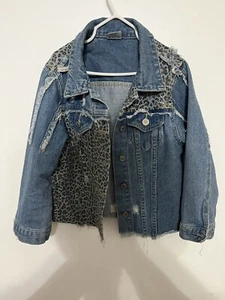 Boutique Blue Jean Jacket Kids Size XL W/ leopard Accent Colors (Read) - Picture 1 of 3
