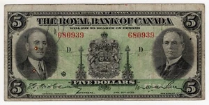 1935 ROYAL BANK OF CANADA FIVE 5 DOLLAR BANKNOTE 680939 BILL CHARTERED RBC - Picture 1 of 3