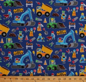 Cotton Kids Construction Workers Vehicles Dump Trucks Fabric Print BTY D666.04 - Picture 1 of 1