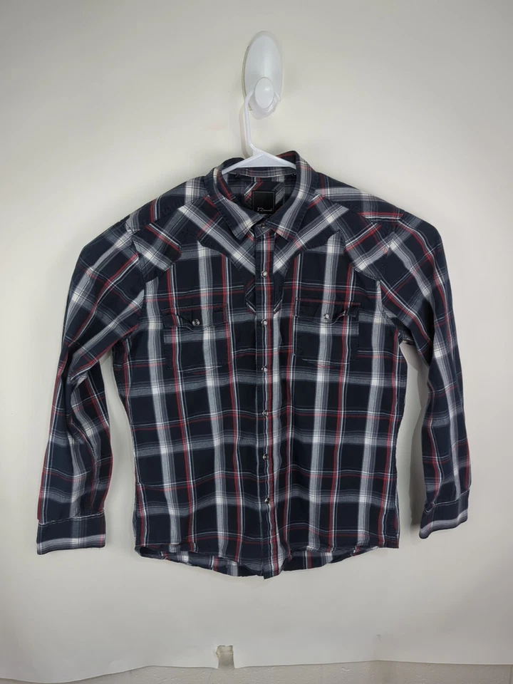 Camisa Occidental 7 Diamantes Para Hombres XL Perla A Presión Manga Larga Negra Bordada a Cuadros Foto 1 de 4