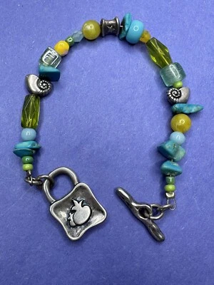Pulsera Danon Cuentas Conchas Turquesa Vidrio Verde Playa Contemporáneo Plato de Plata Foto 1 de 4