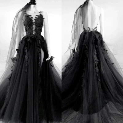 Gothic Black Wedding Dresses Backless HighLace With Veil Side Split A-line Gown - Image 1 of 4