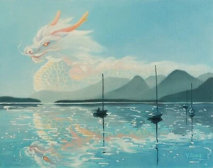 Drago in lontananza, quadro olio originale fantasy art, dragon art 11''x14" - Foto 1 di 7