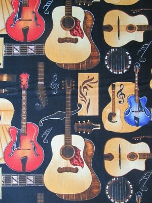 GUITAR CLASSIC ROCK GUITARS MUSIC NOTES BLACK COTTON FABRIC FQ 30 Wide - Image 1 of 4