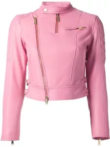 Chaqueta de Cuero Genuino Rosa Chaqueta de Cuero Suave Piel de Cordero Corta y Elegante - Imagen 1 de 11