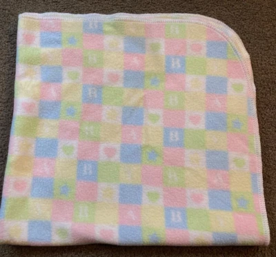 Vtg Springmaid Baby Blanket Pastel square blocks hearts stars fleece unisex - Image 1 of 4