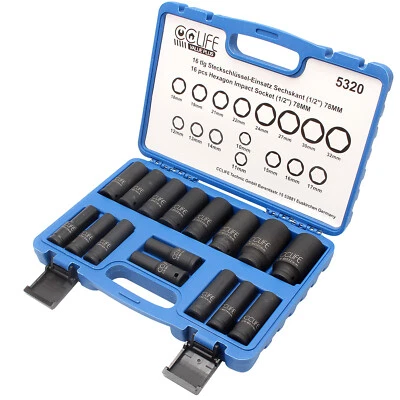 16tlg Schlagschrauber Nüsse Set Schlagnuss Steckschlüssel Einsatz 10-32mm 1/2"  - Bild 1 von 4