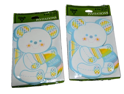 BABY SHOWER Invitations DIE-CUT BEAR BLUE CHECKERS Sealed! 16 Vtg Hallmark 2X8 - Image 1 of 2