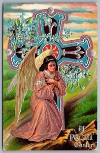 Postcard c1910s A Peaceful Easter Embossed Angel With Wings Cross Floral - Picture 1 of 2
