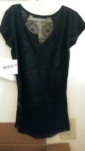 Derek Heart Juniors Black Polyester Cap Sleeve Lace Yoke Henley shirt S 176 - Picture 1 of 4
