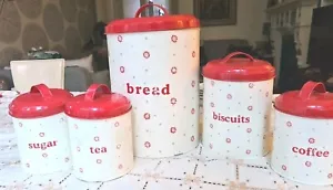Set Retro Laura Ashley Biscuit Coffee Tea Sugar Bread Tin Canister Shabby Chic - Picture 1 of 14