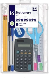 Juego de 14 piezas de papelería matemática de regreso a la escuela bolígrafos examen estuche de lápices calculadora - Imagen 1 de 1