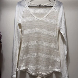 Miss Me Loose Crochet Sheer Sweater Cream Color Long Sleeve V Neck Medium - Picture 1 of 15