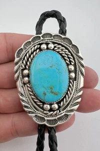 2.25" Vtg Navajo Sterling Silver Kingman Turquoise Stamped Oval Bolo Tie 52.5g - Picture 1 of 6
