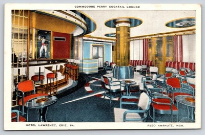 Erie PA~Hotel Lawrence Interior~Commodore Perry Cocktail Lounge~Linen Postcard - Image 1 of 2
