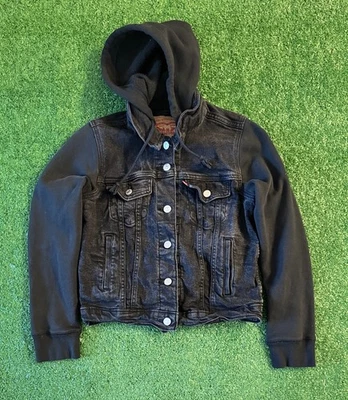 Levi's Strauss & Co Black Hybrid Denim Jacket Built in Hoodie Women's Size S - Image 1 of 4