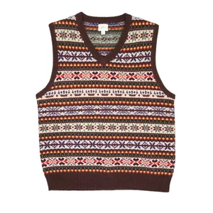 Maglione gilet uomo J.Crew 100% lana di agnello Fair Isle L maglia marrone cioccolato - Foto 1 di 5