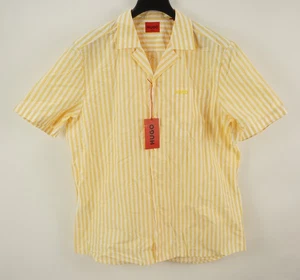 New Hugo Boss Ellino Mens 2XL Yellow Stripe Lightweight Poplin Cotton Camp Shirt - Picture 1 of 14