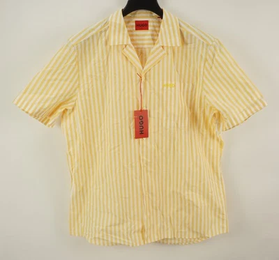 New Hugo Boss Ellino Mens 2XL Yellow Stripe Lightweight Poplin Cotton Camp Shirt - Image 1 of 4