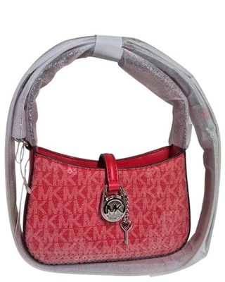 Bolso Bandolera Michael Kors Lyra Extra Pequeño Firma Tronco Lentejuelas Rojo Brillante Nuevo Foto 1 de 4