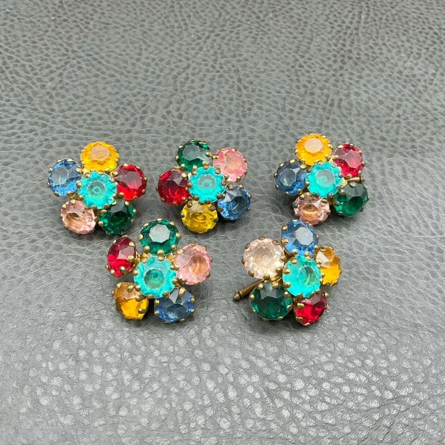 Vintage Fancy 5 Button Studs Glass Colored Faceted Stones 1" Round Prong Set - Image 1 of 4