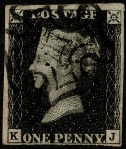 GB QV 1d, Penny Black, Platte 5, KJ, 4 Ränder. Knackiger schwarzer MX. Fein - Bild 1 von 2