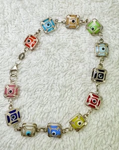 Sterling Silber 925 Mehrfarbig Evil Eye Quadrat Gliederarmband 7" Handarbeit Glas - Bild 1 von 8