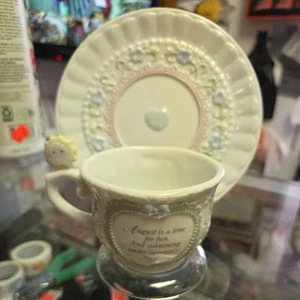 VTG Precious Moments "August" Cup and Saucer Set Sun on Handle Enesco 1994 - Picture 1 of 6