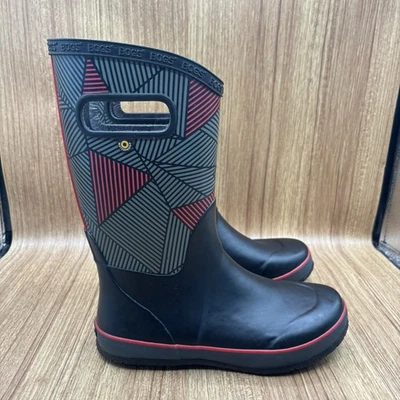 BOGS Big Geo Print Rain Boot Boys Kids Black Red Waterproof Size 5 EU 38 Pull On - Image 1 of 4