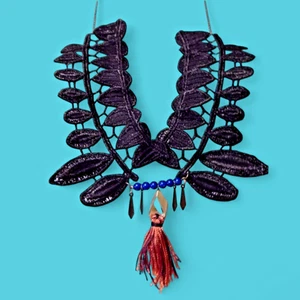ARTSY BLACK GEOMETRIC LACE YOKE NECKLACE tassel blue beads bib ethnic boho H3 - Picture 1 of 5