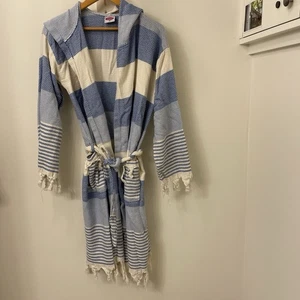 Gozde Tekstil Peshtemal 100% türkische Baumwolle Bademantel, creme blau, XL - Bild 1 von 10