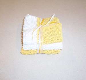 Crocheted Yellow & White Dishcloth Set of 3 New - Picture 1 of 3
