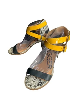 Kelsi Dagger Carmanita Size 9 Black Yellow Snake Print Chunky Heels Open Toe - Picture 1 of 10