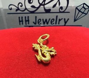 24K Yellow Gold Small Tiny 2D Dragon Pendant Charm - Picture 1 of 13