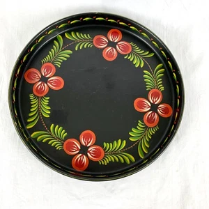 1960 Signed Hand Painted Round Drink Tray Christmas Decor Red Flowers on Black - Picture 1 of 12
