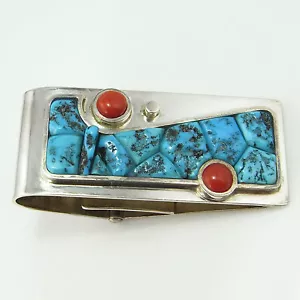 Red Turquoise Coral Cabochon Money Clip Sterling Silver Native American Indian - Bild 1 von 10