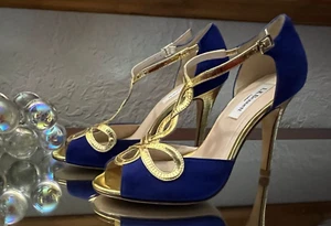 L.K. BENNETT Royal Blue Suede Gold Metallic Strappy Nelly Heels EU 37 US 6.5 - Picture 1 of 9