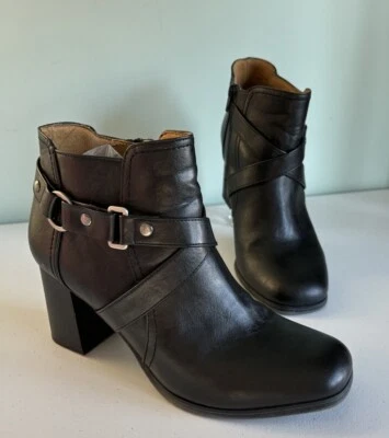 Natural Soul 女式素食皮革黑色摩托粗跟拉链踝靴 10M 码 — 第 1/4 张图片