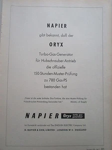 5/1956 PUB NAPIER ORYX GAS TURBINE HUBSCHRAUBER HELICOPTER ORIGINAL GERMAN AD - Bild 1 von 1