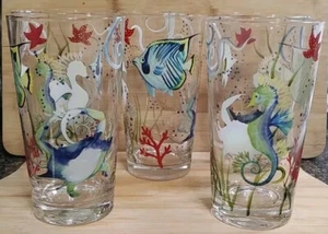 5 PIER 1 IMPORTS SEA LIFE handbemalt Fisch Seepferdchen Becher 20 oz Gläser RAR! - Bild 1 von 5