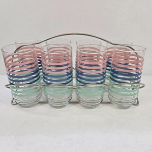 Vintage Pastell Rosa Blau Grün Streifen Trinkgläser 8er Set Tragegestell MCM - Bild 1 von 11