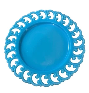 VINTAGE FENTON TURQUOISE BLUE GLASS SCROLL LACE 8.5” PLATE REVERSE C BORDER RARE - Picture 1 of 6