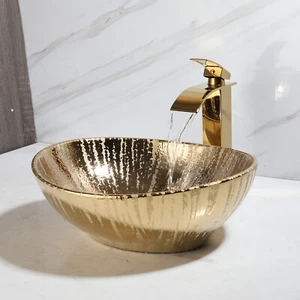 Gold Rundform Waschtisch Schale Waschtisch Gefäß Waschbecken Gold Messing Mischbatterie - Bild 1 von 8