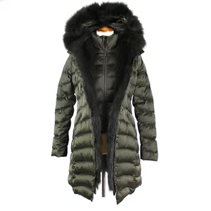 Abrigo Parka Dawn Levy Jet Setter Borde Piel de Zorro Verde Negro Plumón XS - Imagen 1 de 8