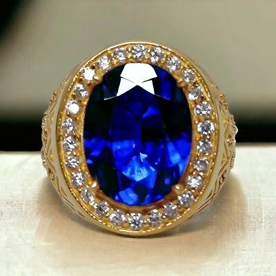 Zafiro azul con anillo enchapado en oro de plata de ley 925 para hombre #AL416 Foto 1 de 4
